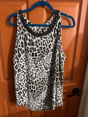 Jennifer Lopez Black and White Leopard Beaded Neck Tank